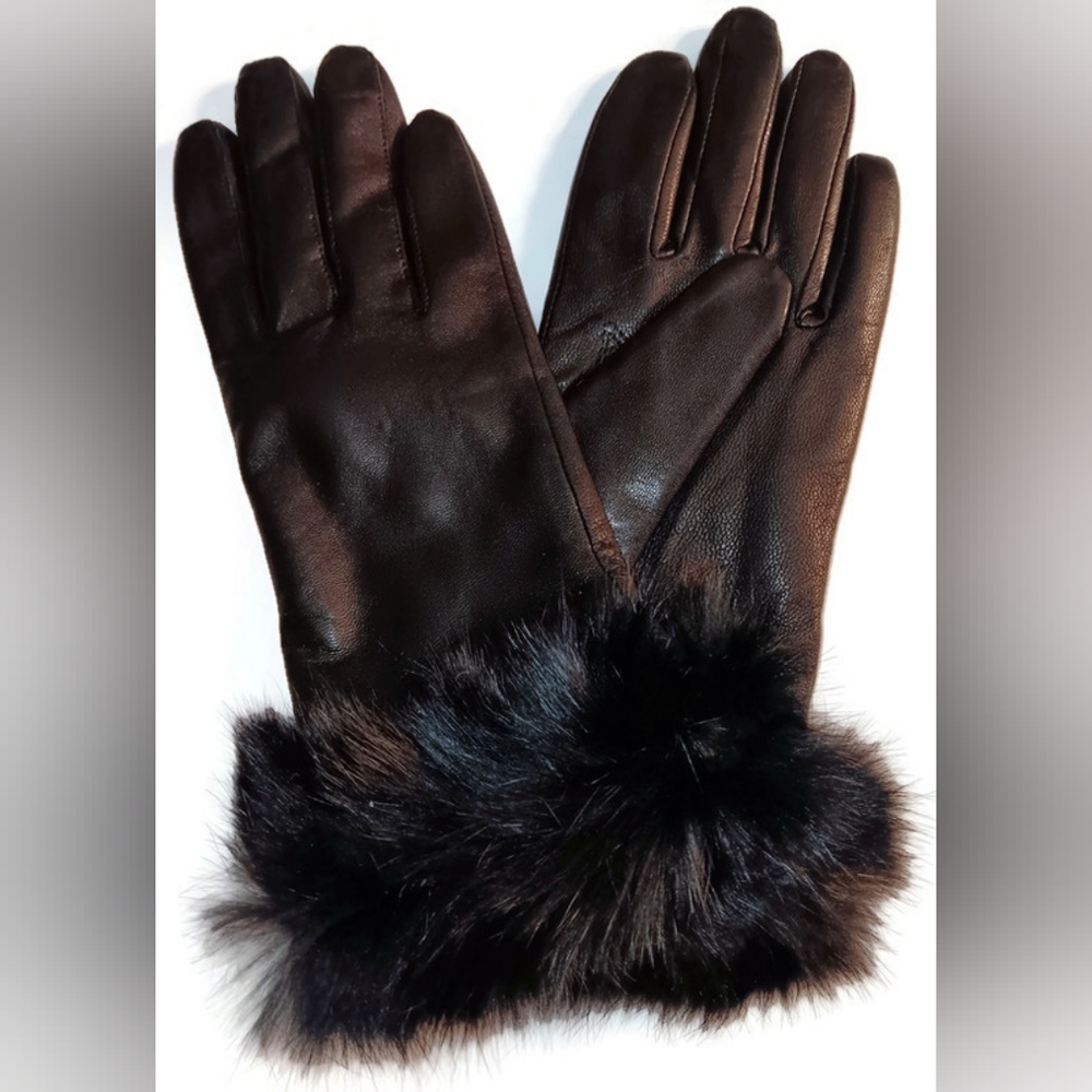 WOMEN'S FUR CUFF LEATHER,  GLOVES , BLACK,SIZE SMALL
